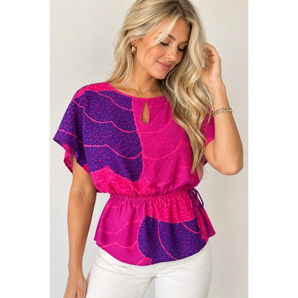 Trina Turk Pink Purple Floral Print Silk Peplum Tie Waist Blouse Top Size P
